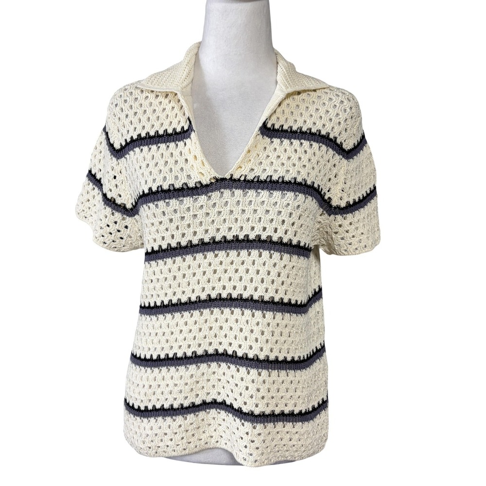 Vince Womens Knit Sweater M White Striped Open Knit Collared Short Sleeve